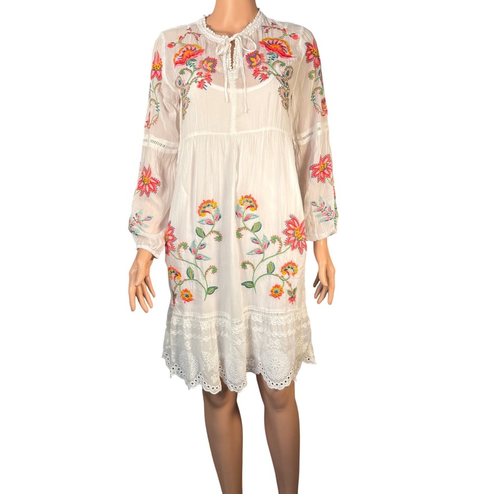 Johnny Was Teyros Embroidered Dress & Slip White Floral Eyelet Lace XS C30725-4